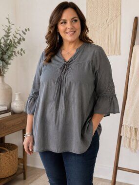Cotton Ginny Plus L Gray Embroidered Boho Tunic Blouse 100% Cotton